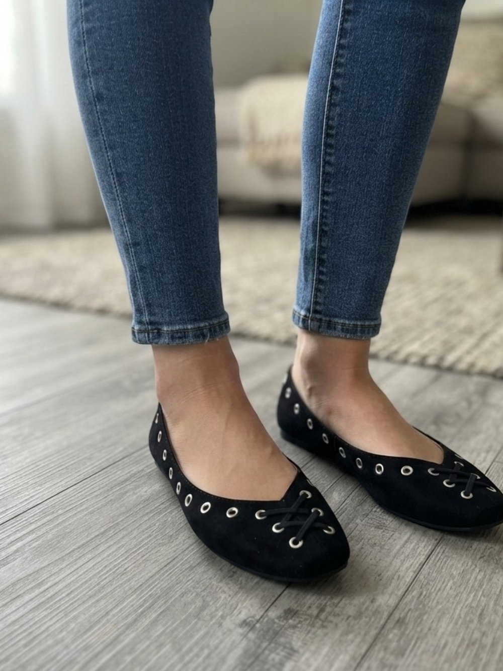 Time and Tru Black Eyelet Lace-Up Ballet Flats